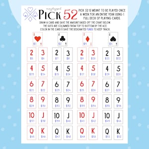 Può includere: Un grafico bianco e blu intitolato "PICK 52" con istruzioni per un gioco di carte. Il grafico include semi di carte da gioco, numeri e importi in euro, progettato per tenere traccia dei risparmi durante un anno.