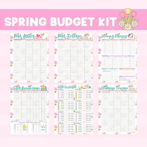 May include: A spring-themed budget kit with six printable pages. The pages include "Debt Attack," "Debt Tracker," "Income & Expenses," "Cash Breakdown," "Cash Envelopes," and "Challenge Tracker." Each page has a floral border and is designed for financial planning.