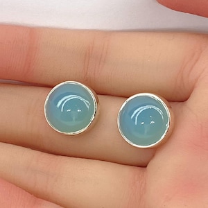 Blue Chalcedony Stud Earrings - 925 Sterling Silver - 1.5cm Diameter