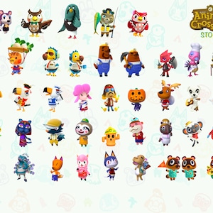 K&ouml;nnte beinhalten: Eine bunte Illustration verschiedener Tierfiguren aus der Animal Crossing Videospielserie. Die Figuren sind in Reihen angeordnet und umfassen eine Vielzahl von Arten, wie Hunde, Katzen, V&ouml;gel und Fr&ouml;sche. Das Bild enth&auml;lt auch das Animal Crossing Logo und den Text "STORE".