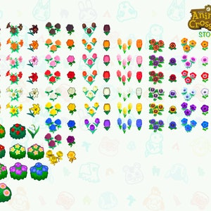 K&ouml;nnte beinhalten: Eine Tabelle mit verschiedenen Blumensorten in Animal Crossing: New Horizons. Die Tabelle zeigt die verschiedenen Farben jeder Blume, darunter Rot, Orange, Gelb, Gr&uuml;n, Blau, Lila und Wei&szlig;. Die Tabelle zeigt auch die verschiedenen Blumensorten, darunter Rosen, Tulpen, Stiefm&uuml;tterchen, Lilien, Kosmeen und Hyazinthen.