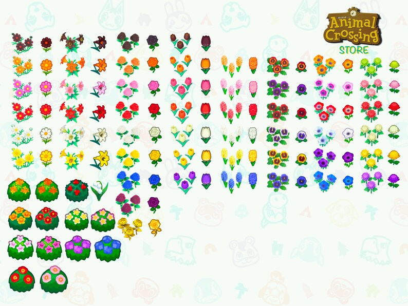 K&ouml;nnte beinhalten: Eine Tabelle mit verschiedenen Blumensorten in Animal Crossing: New Horizons. Die Tabelle zeigt die verschiedenen Farben jeder Blume, darunter Rot, Orange, Gelb, Gr&uuml;n, Blau, Lila und Wei&szlig;. Die Tabelle zeigt auch die verschiedenen Blumensorten, darunter Rosen, Tulpen, Stiefm&uuml;tterchen, Lilien, Kosmeen und Hyazinthen.