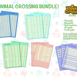 Op de afbeelding: Een Animal Crossing-bundel met checklists voor vissen, insecten, zeedieren, kunst en fossielen. De bundel bevat gidsen voor zowel het noordelijk als het zuidelijk halfrond. De checklists zijn in verschillende kleuren.