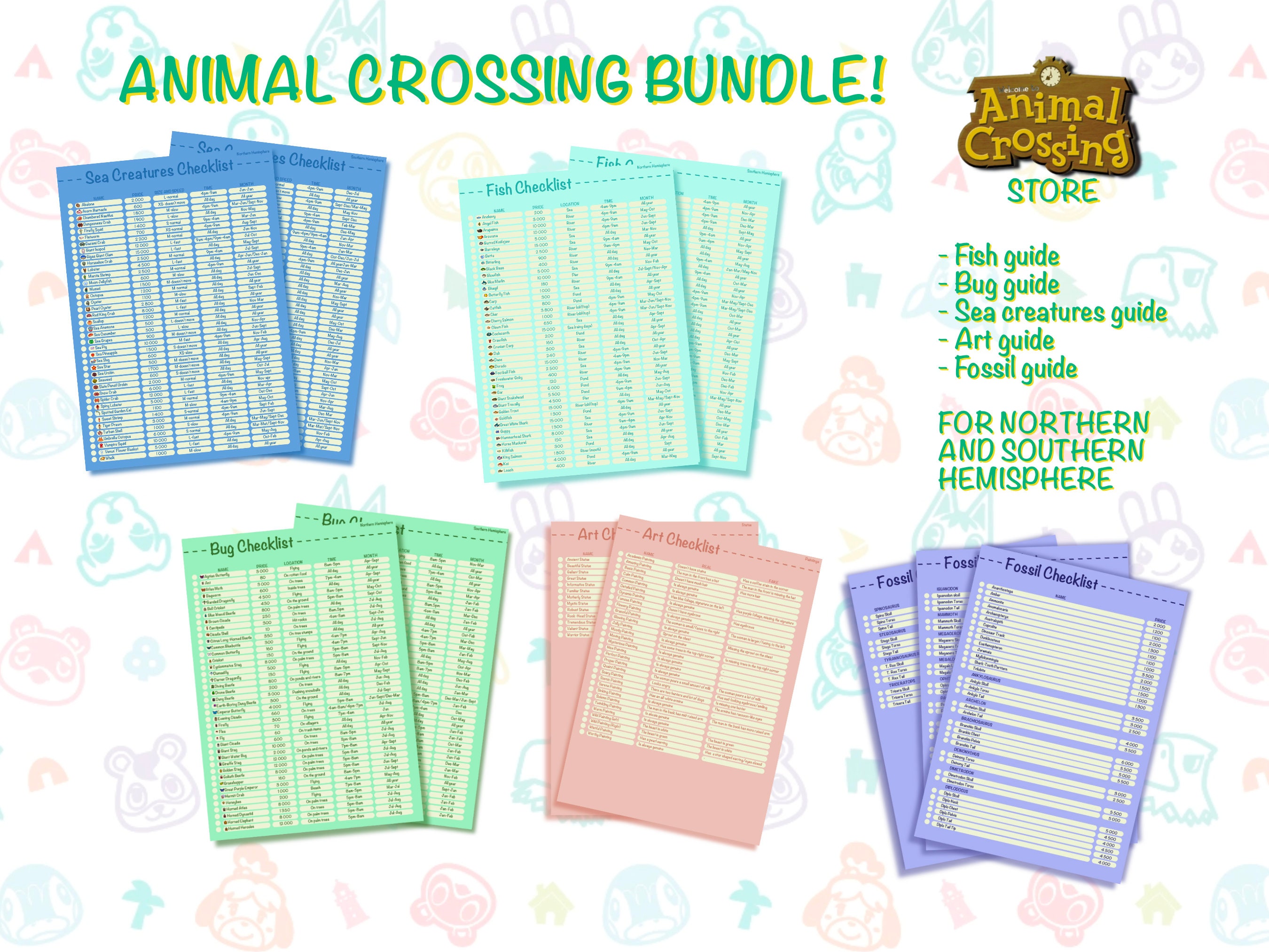 Animal Crossing New Horizons Guide Bundle/ Fish, Bug, Sea Creatures, Art and Fossil Guide and Check list/ ACNH game/Printable Download