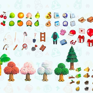 K&ouml;nnte beinhalten: Eine Sammlung von Gegenst&auml;nden aus Animal Crossing: New Horizons, darunter Fr&uuml;chte, Werkzeuge, M&ouml;bel, Kleidung und Baumaterialien. Die Gegenst&auml;nde sind auf einem hellblauen Hintergrund mit einem Muster aus Comic-Tieren dargestellt.