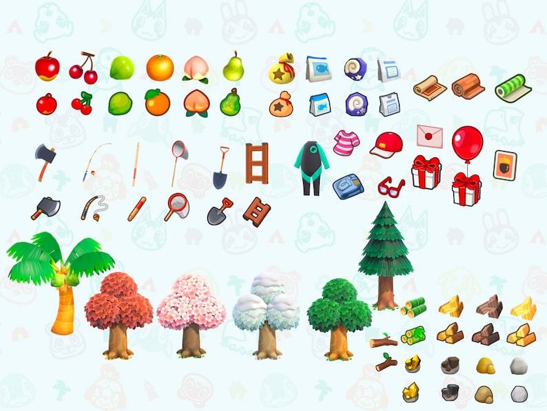 K&ouml;nnte beinhalten: Eine Sammlung von Gegenst&auml;nden aus Animal Crossing: New Horizons, darunter Fr&uuml;chte, Werkzeuge, M&ouml;bel, Kleidung und Baumaterialien. Die Gegenst&auml;nde sind auf einem hellblauen Hintergrund mit einem Muster aus Comic-Tieren dargestellt.