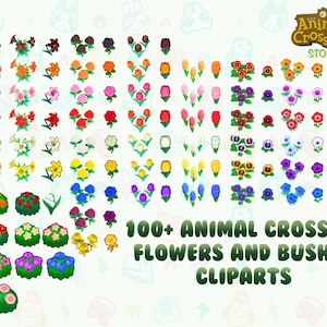 以下が含まれることがあります： 100種類以上の『あつまれ どうぶつの森』の花と低木のクリップアート画像の集まり。クリップアートには、バラ、ユリ、パンジー、ヒヤシンスなど、さまざまな色とスタイルの花が含まれています。一般的な低木やツツジなど、さまざまな種類の低木もあります。