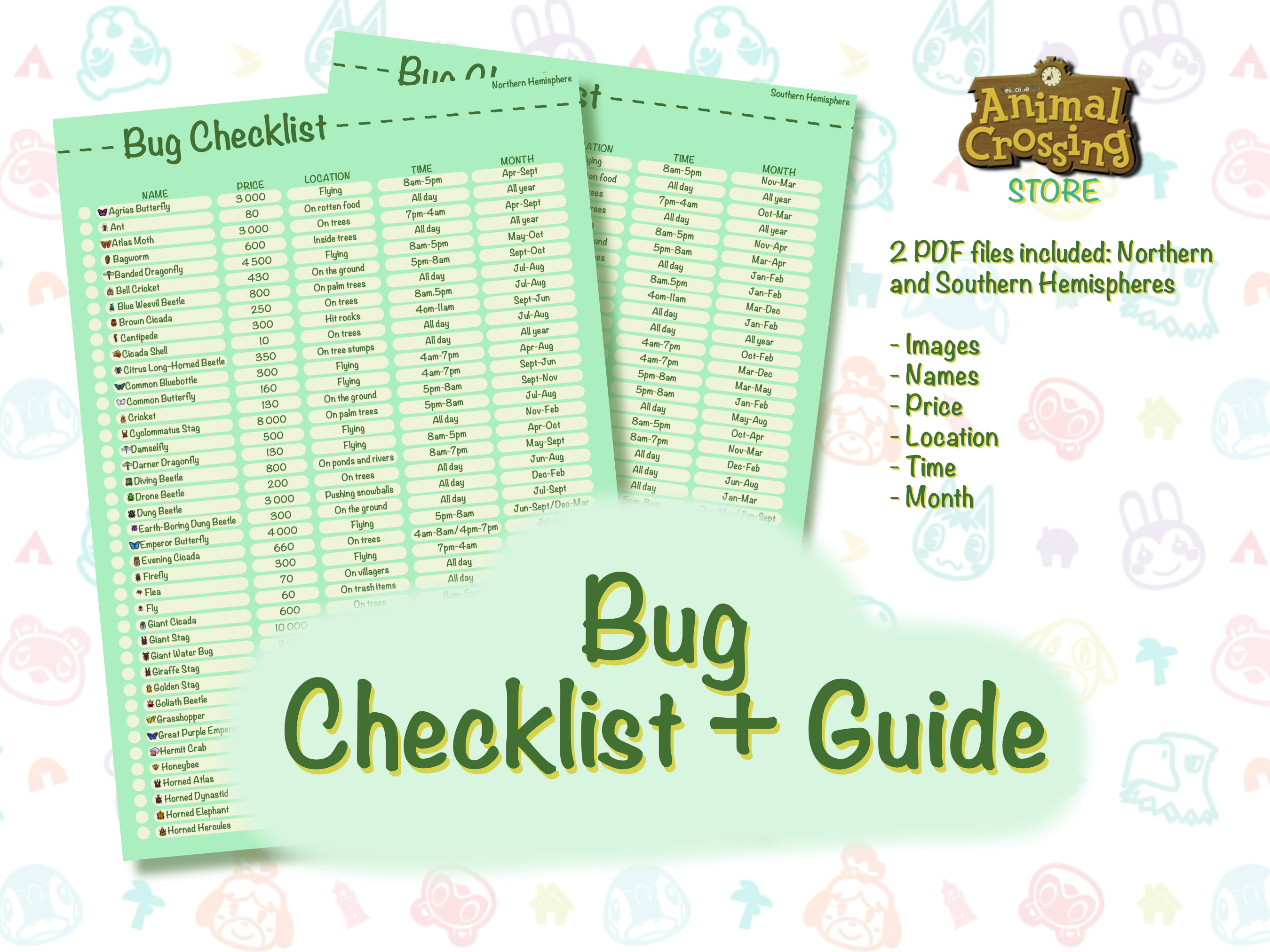 Animal Crossing Bug Checklist/ Northern and Southern - Etsy