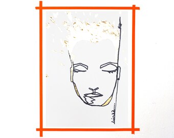TRAUMGOLD I Line Drawing I Felt Marker and Gold Leaf Immitat on Paper I Portrait I 2022 I Single Piece I Unique
