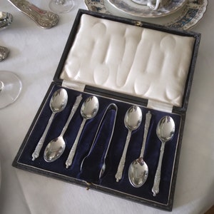 Antikes Etui mit Teelöffel, Kaffeelöffeln und Zuckerzange um 1900 Vintage Crome Plate