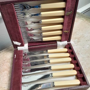 Può includere: Un set di posate vintage in una custodia bordeaux. Il set include forchette e coltelli con manici color crema e lame argentate. La custodia è foderata in velluto bordeaux e ha una chiusura color oro.