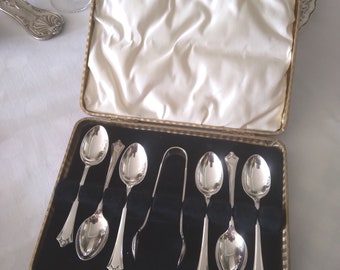 Antique case with teaspoons, coffee spoons and sugar tongs circa 1900 Vintage EPNS Sheffield silver plated