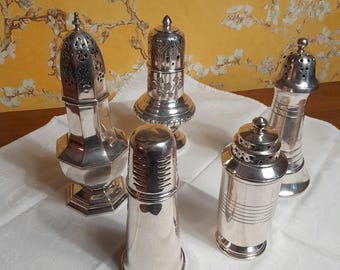 antique sugar shaker cinnamon shaker tea accessories, England silver plated around 1900