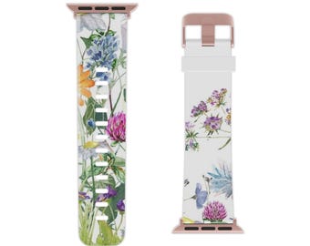 Kleurrijke wilde bloemen Apple Watch-band, kleurrijk horlogebandje, polsbandje in boho-stijl, lentebloemdessin, cadeau voor haar, stijlvol accessoire