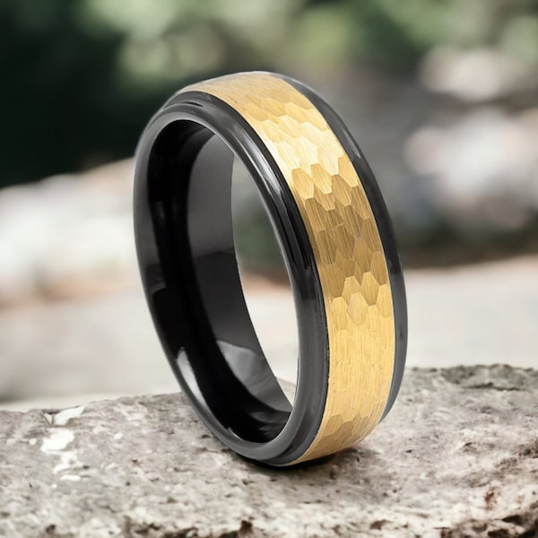 Couple Engagement Rings Yellow Gold Tungsten Wedding Ring Yellow Gold Wedding Band Black Tungsten Mens Womens Ring Hammered Anniversary Ring