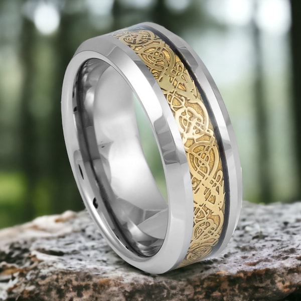 Dragon Ring. Man And Woman Wedding Band. Celtic Golden Dragon Inlay Unique Rings High Polished Tungsten Ring. Promise Ring. Engagement Ring.