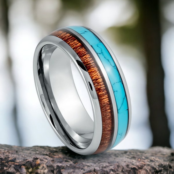 Men's Turquoise and Koa Wood Inlay Wedding Ring Mens Womens Anniversary Ring Silver Tungsten Wedding Bands Blue Turquoise Rings Wooden Bands