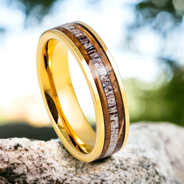 Whiskey Barrel Deer Antler Ring, Couple Wedding Band, Deer Antler Tungsten Ring, Yellow Gold Engagement Ring, Men's Women's Ring, Men's Band