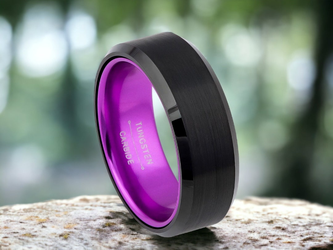 Purple Tungsten Anniversary Band, Twotone Ring, Mens Wedding Band