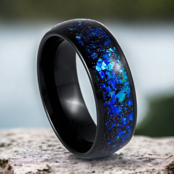 Galaxy Opal Tungsten Ring, 8mm Black Tungsten Blue Opal & Abalone Fragment Inlay Men's Wedding Ring, Engraved Engagement Ring for Men Women