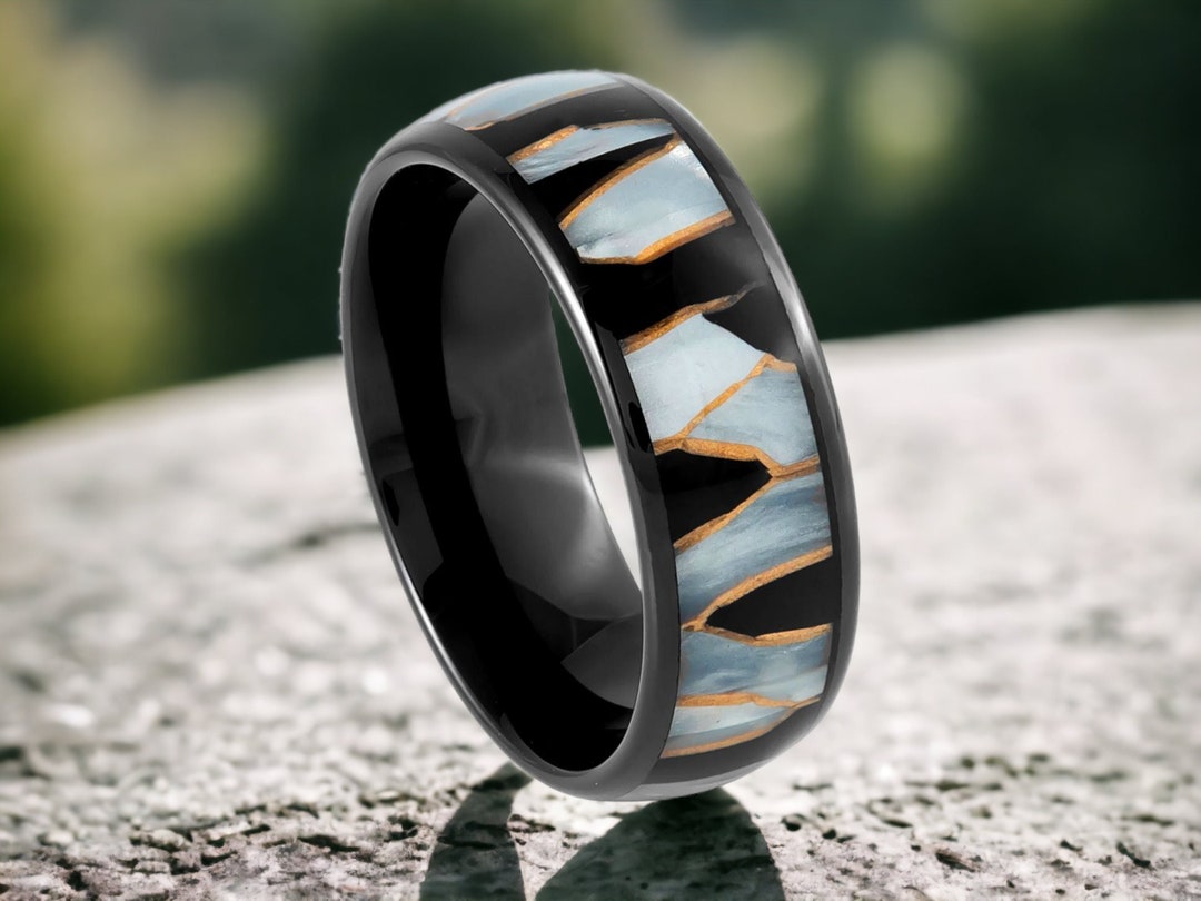 Unique Capiz Shell Black Resin Inlay Black Dome Wedding Band, Tungsten