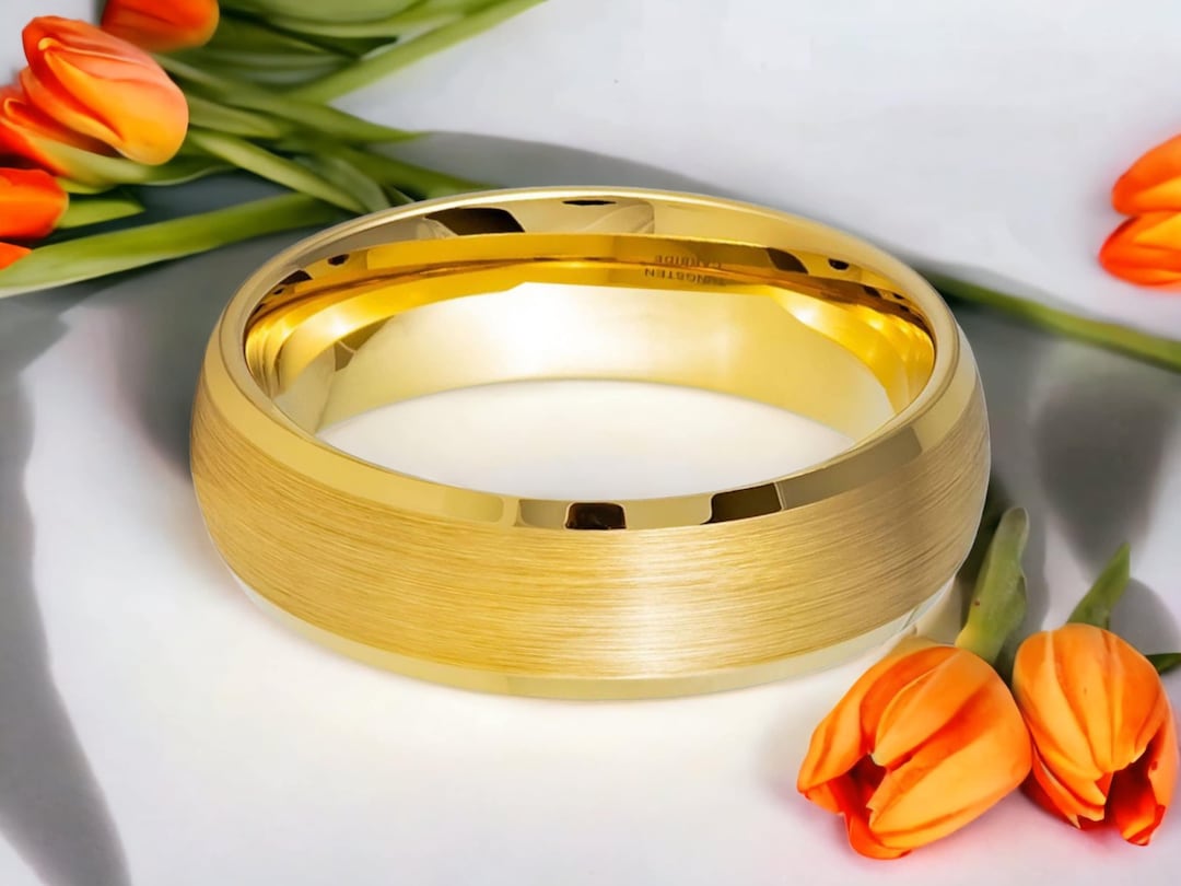 Gold Plated Tungsten Carbide Wedding Ring, Couple Wedding Band, Engagement Ring, Stainless Steel ...