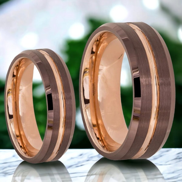 6mm/8mm Brushed Brown Tungsten Mens Ring, Couple Wedding Bands, Rose Gold Engagement Bands, Matching Ring for Gift, Rose Gold Wedding Bands