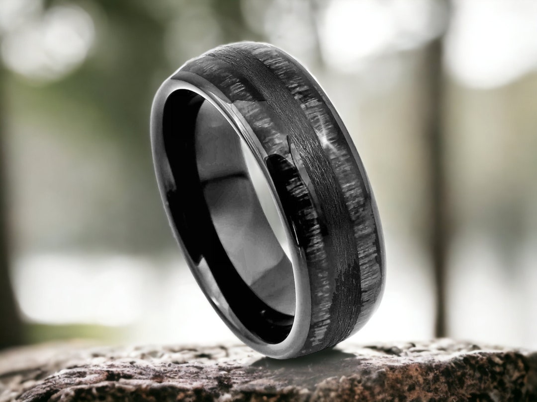 Double Barrel Charcoal Wood Inlay Wedding Rings, Mens Unique Wood