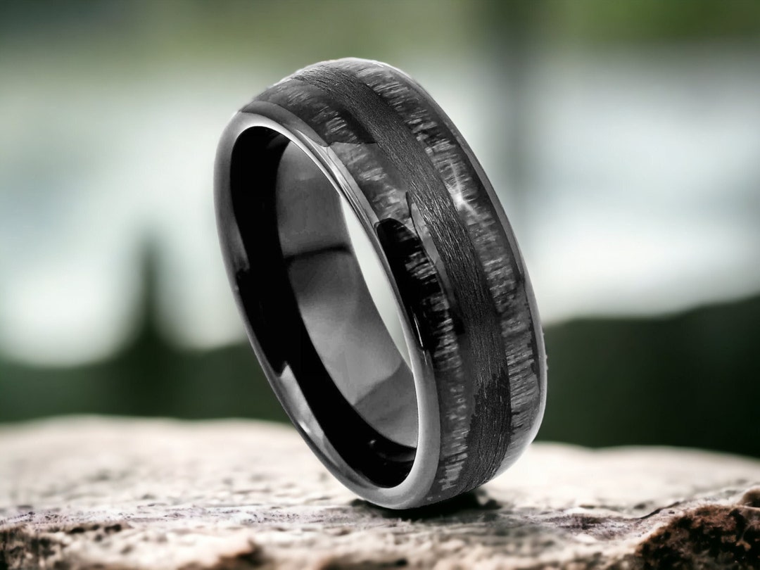 Double Barrel Charcoal Wood Inlay Wedding Rings, Mens Unique Wood ...