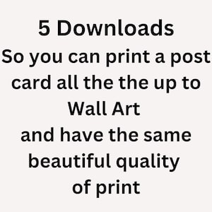 May include: Text that reads "5 Downloads So you can print a post card all the the up to Wall Art and have the same beautiful quality of print"