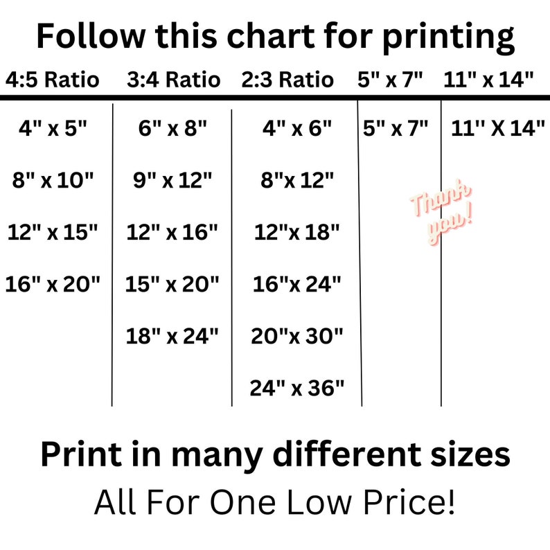 May include: A chart showing different print sizes for various aspect ratios. The chart includes 4:5, 3:4, and 2:3 ratios, with sizes ranging from 4 inches by 5 inches to 24 inches by 36 inches. The text "Follow this chart for printing" is at the top of the chart, and the text "Print in many different sizes" is at the bottom of the chart. The text "All For One Low Price!" is below the chart.