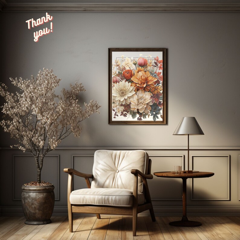 May include: A framed print of a vintage floral bouquet with orange, red, and white flowers. The print is hanging on a gray wall in a living room setting with a white armchair and a side table.