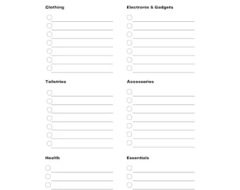 May include: A black and white packing list with the title "MARK'S PACKING LIST". The list is divided into five categories: Clothing, Electronic & Gadgets, Toiletries, Accessories, Health, and Essentials. Each category has eight blank lines with a circle next to each line for checking off items.