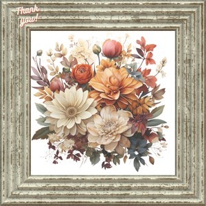 May include: A framed print of a bouquet of fall flowers in shades of cream, orange, and red. The flowers are arranged in a vase and are surrounded by green leaves.