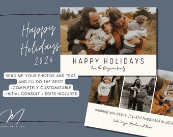 CUSTOM CARD, Happy Holidays, Photo Card, Family Portrait, Digital Download, Design Service, Minimalist Holiday card, Horizontal, 7x5 PDF