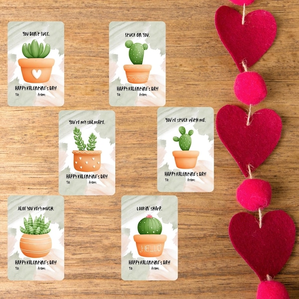 Printable Cactus Valentines Set, Digital Download, Cactus Puns, Cards for Friends, Bonus back design, Friend Valentines