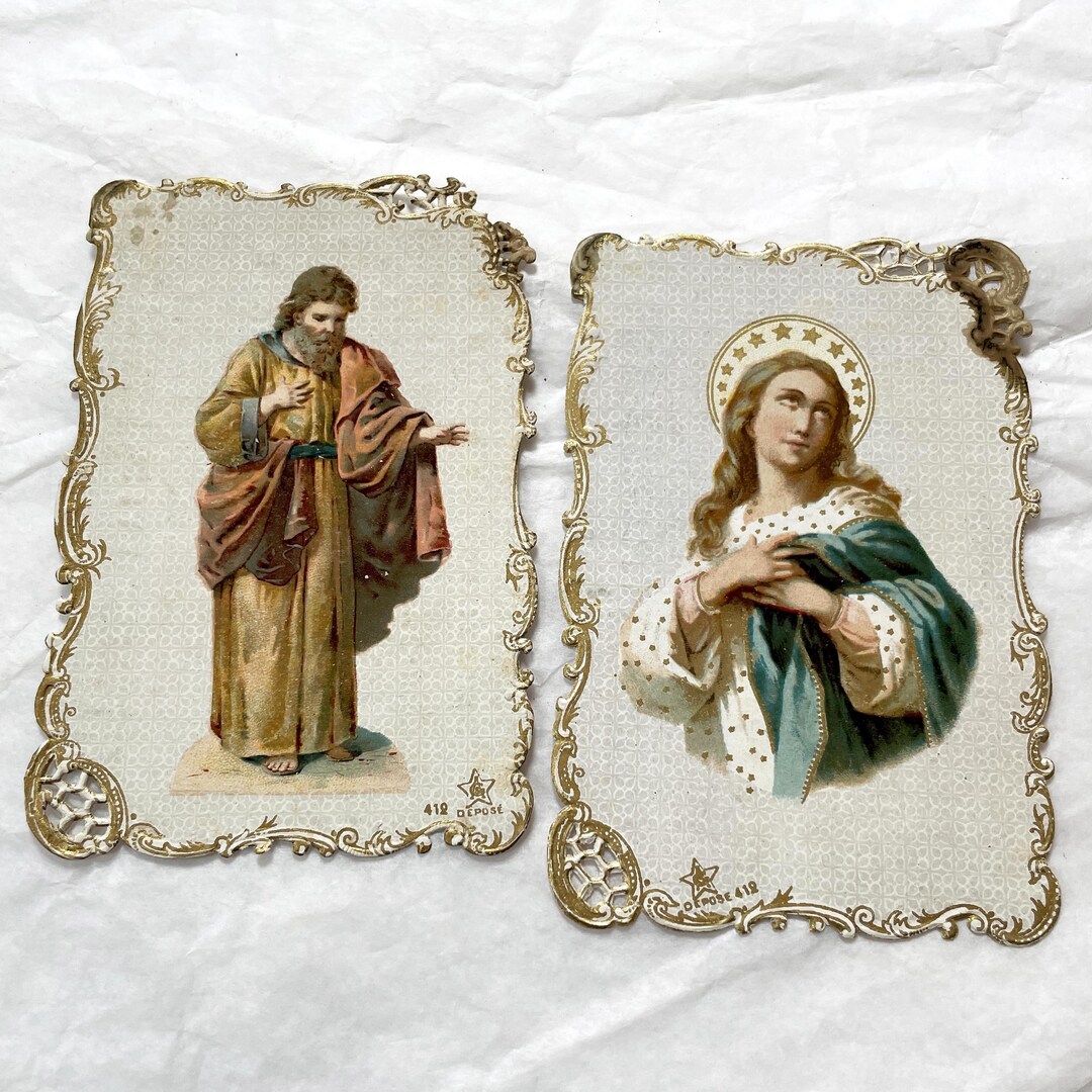 Set of 2 Antique French Holy Cards Gold Embossed Chromos