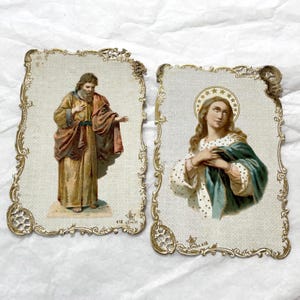 Set di 2 antiche immagini sacre francesi – Cromos in rilievo oro – San Giuseppe e Vergine Maria – Pubblicità del negozio Bastille
