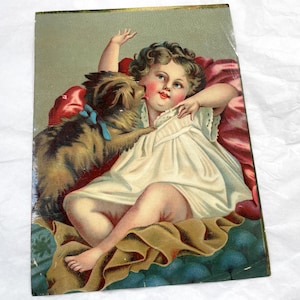 jaren 1890 - Lovely Large Chromo - Kind met hond - No Brand - Victoriaanse kaart