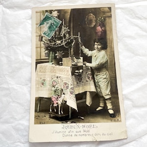 Década de 1910 - Cartão postal de Natal francês vintage com criança - Cartão postal antigo escrito - Cartão de felicitações de Feliz Natal