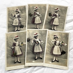 Década de 1900 - RPPC francês antigo - La Petite Soubrette, cartões postais coloridos à mão - cartões postais franceses menina em traje de empregada