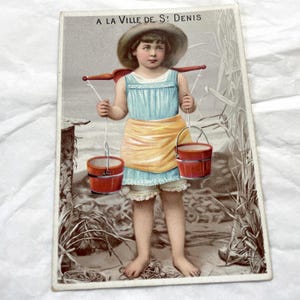 Chromo antigo - O carregador de água - Cartão comercial vitoriano - Final do século XIX - Cartão comercial francês antigo - À la Ville de St Denis