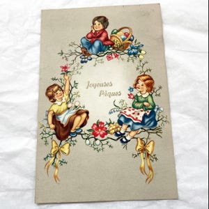 Cartão postal francês vintage com crianças - Cartão postal antigo escrito - Cartão postal antigo da década de 1960