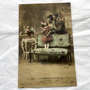 Década de 1910 - Cartão postal vintage francês Casal com filho - Cartão postal antigo escrito - Cartão postal retrô RPPC