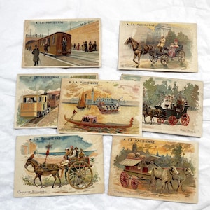 Década de 1900 - Hermosos cromos "A la Parisienne": tarjeta comercial victoriana sobre transportes de principios del siglo XX.