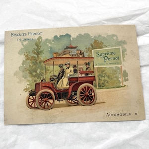 Jaren 1890 - Antieke Pernot Biscuits Trade Card – illustratie vintage auto, Franse reclame Chromo c.1900