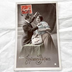 1906 - Cartolina d'epoca francese di Pasqua - Bella foto di coppia
