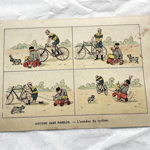 Jaren 1900 - antieke stripkaart - "Fietser's Charity" Stil verhaal, humoristische Franse lithografie - De aalmoes van de fietser - Au chien fidèle