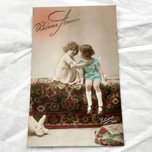 Década de 1910 - Cartão postal francês vintage com duas crianças - Cartão postal antigo escrito
