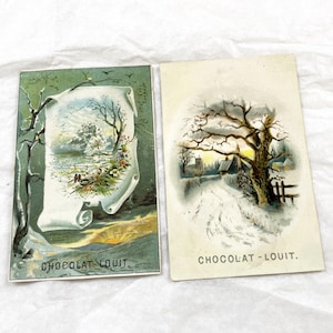 1900s - Vintage French Chocolat Louit - Winter Landscape Advertising Trade Cards - Antique Ephemera - Collectible Art Print Set